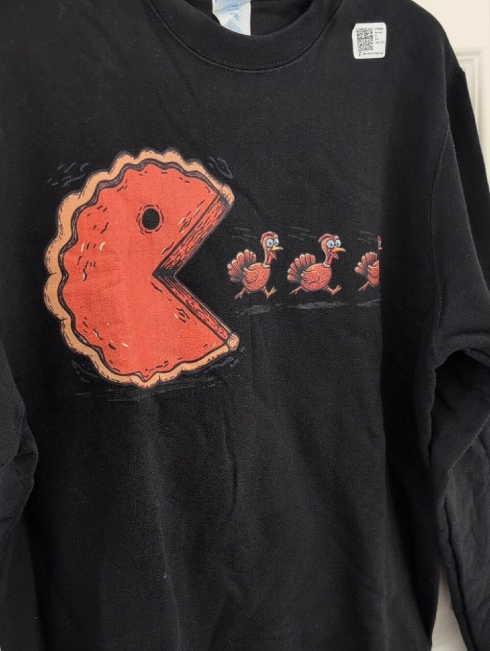 Thanksgiving Graphic Sweatshirt Pac Man Pie Chasing Turkeys Black Size Medium - Picture 3 of 9